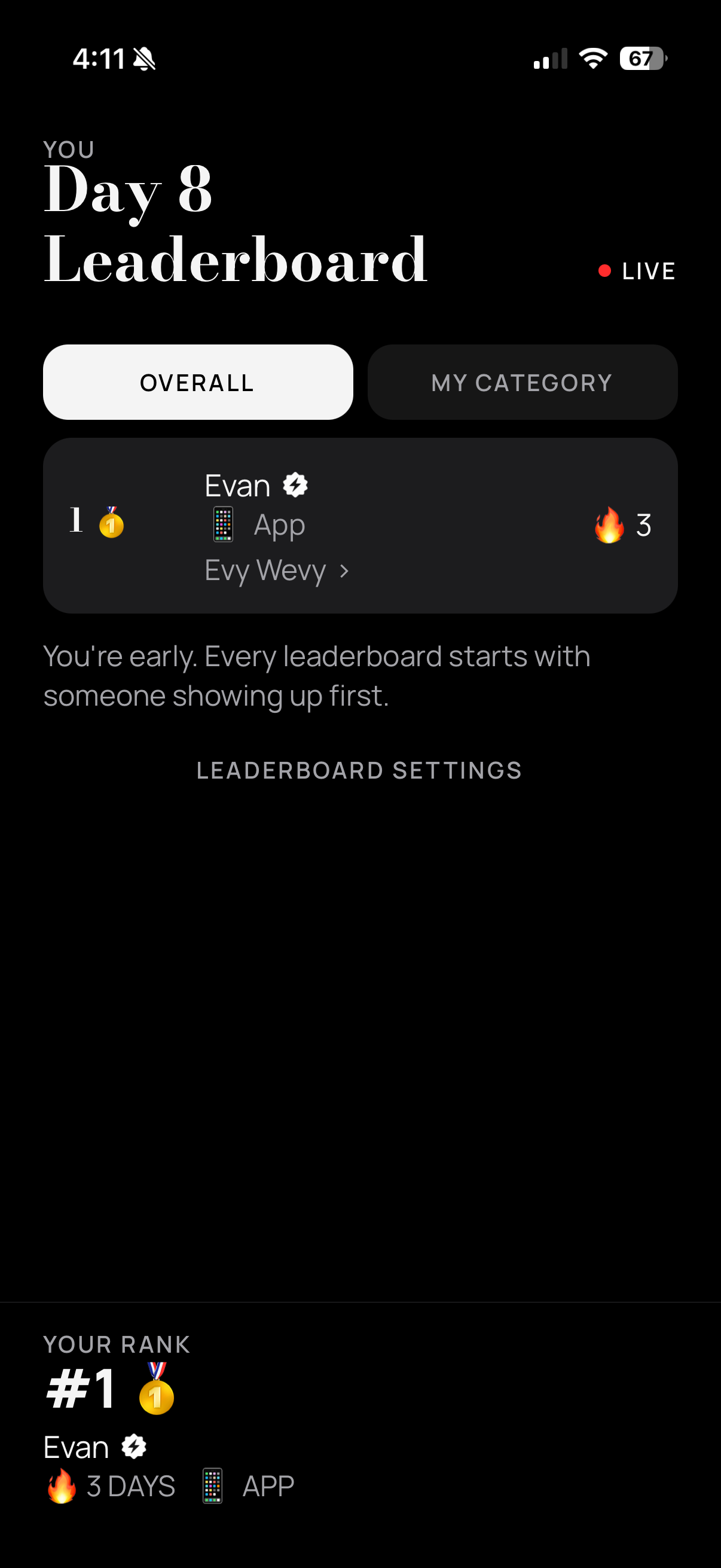 Day 8 live leaderboard with Overall and My Category, plus a rank, name, and streak.