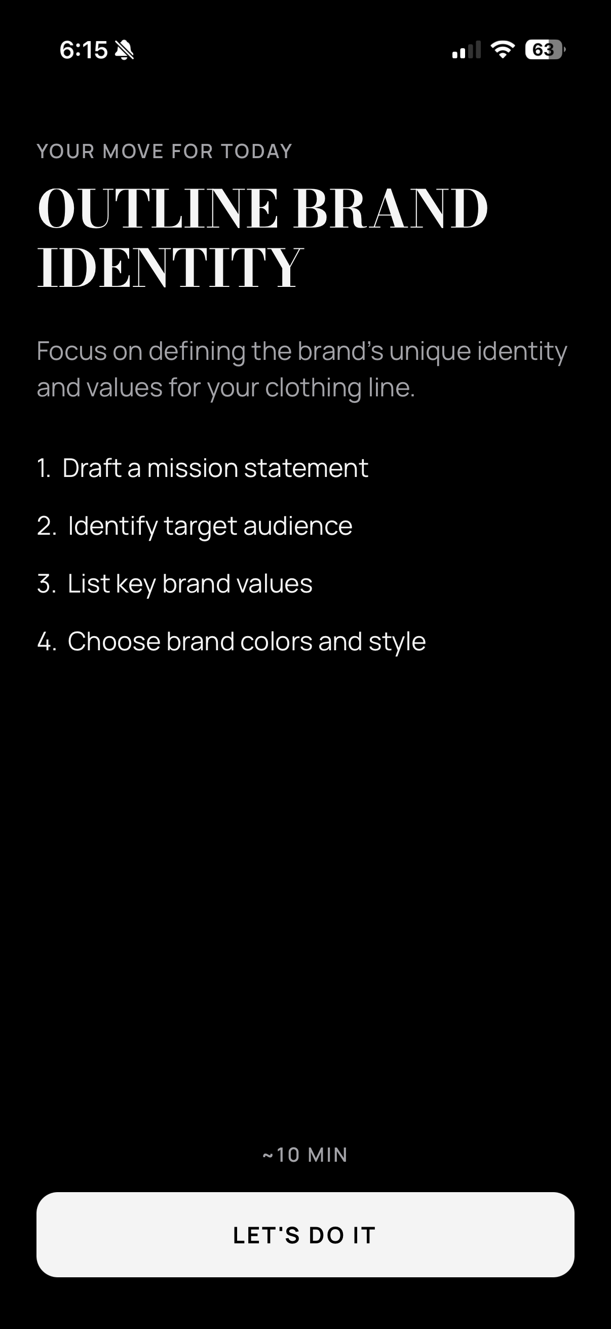 Day 8 move for today titled Outline Brand Identity, with a short explanation, four steps, and a time estimate.