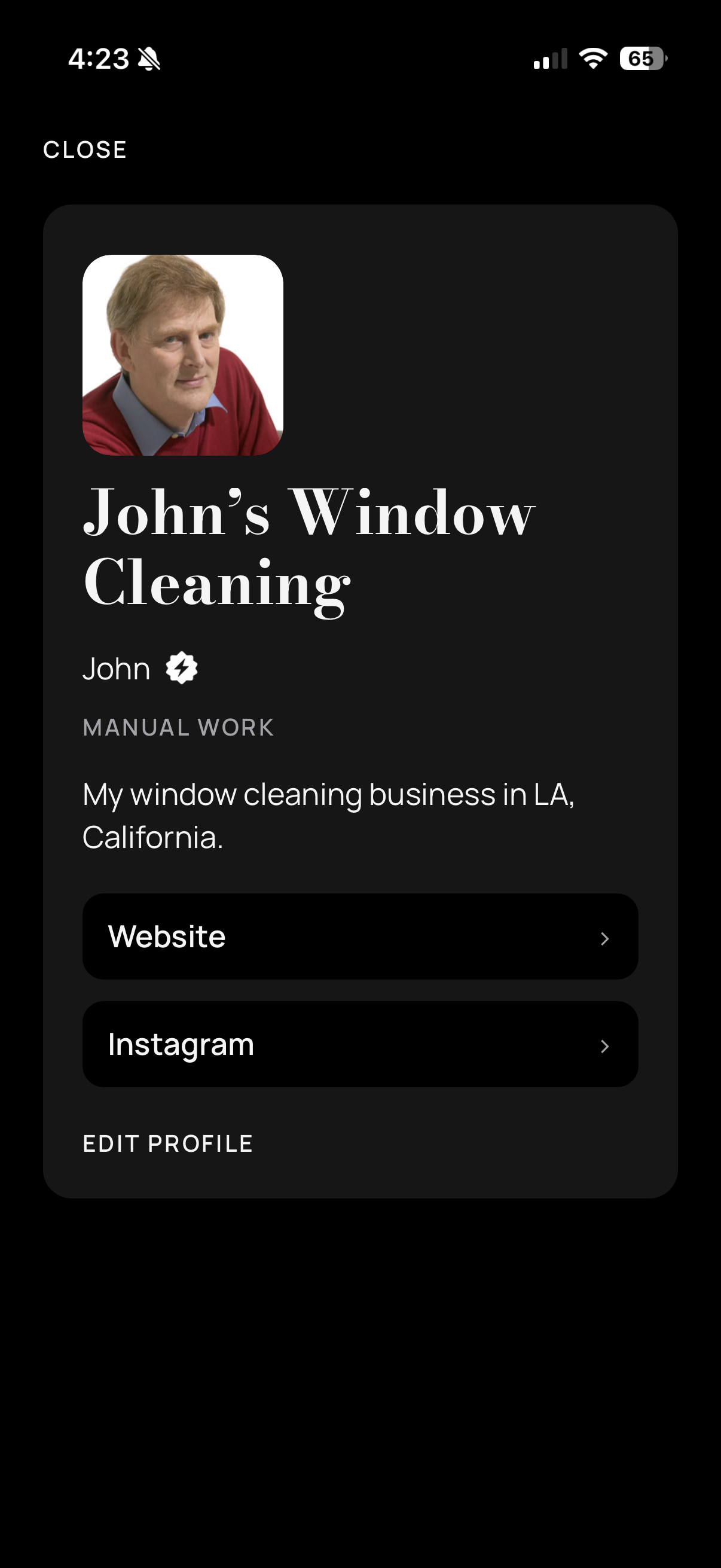 Day 8 builder profile for an account, with a business name, description, photo, and links.
